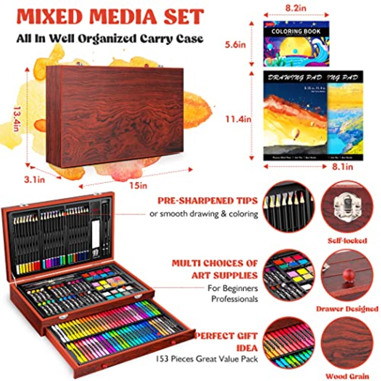153 Pieces Deluxe Wooden Art Set Crafts Drawing Painting Coloring Supplies Kit with 2 A4 Sketch Pads, Halloween Creative Gift Box for Adults Artist Beginners Kids Girls Boys